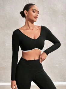 SHEIN Sports Color Block Halter Neck Round Collar Cropped Sports T-Shirt - Black - View 5