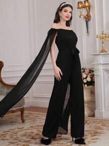 Modelyn 女士露肩網紗開叉長袖連身褲 - 黑色 - 查看 8