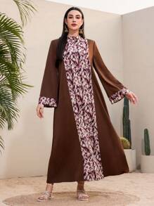 Al Najma 女士印花拼接擴蕾袖連衣裙 - 棕色 - 查看 3