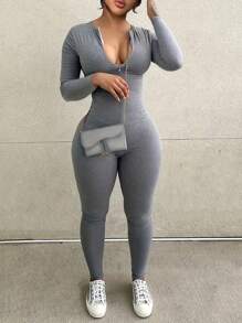 INAWLY Plus Size Women's Zip Front Long Sleeve Bodycon Jumpsuit - Grey - View 1
