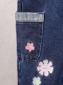 Baby Girl's Sandblasted Floral Print Denim Overalls - Dark Wash - View 7