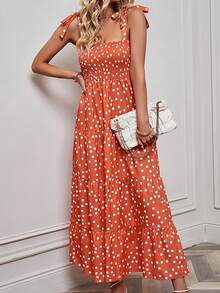 Polka Dot Printed Spaghetti Strap Long Dress - Orange - View 5