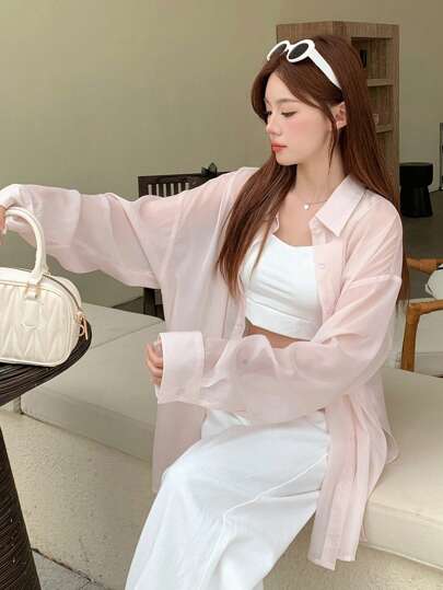 DAZY 女士长袖防晒衬衫，透明学院风上衣，秋季女装