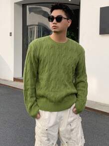 DAZY Men Solid Drop Shoulder Cable Knit Sweater - Green - View 8