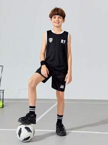 SHEIN Tween Boys' Loose Fit Football Number Pattern Vest Top 3pcs Outfit - Multicolor - View 7