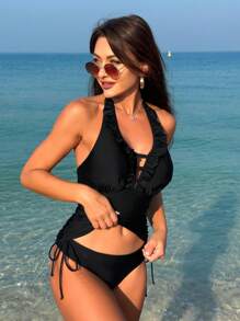 SHEIN Swim 嘉年華女式露肩荷葉邊比基尼 - 黑色 - 查看 4