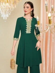 Divindia Women's Kurta Top With Embroidered Flower Decoration Style Indian - Green - View 7