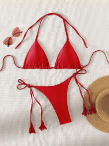 SHEIN Swim Summer Beach Women's Solid Color Halter Strap Separated Bikini Set - Red - View 3