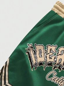 ROMWE MEN Street Life Men's Letter Graphic Striped Trim Drawstring Waist Basketball Shorts, School - Green - View 4