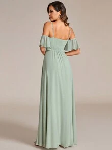 EVERPRETTY Chiffon Open Shoulder Bridesmaid Dress With Twist Knot And Ruffled Sleeves - Mint Green - View 2