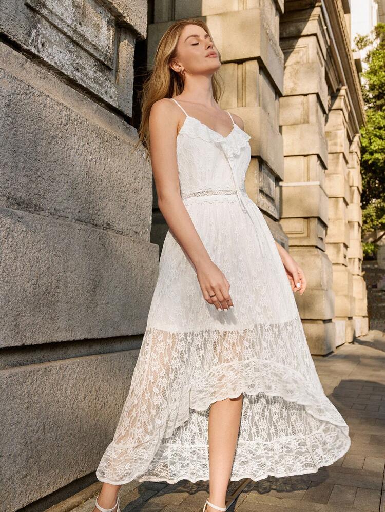 Solid Color Spliced Lace Cami Dress With Ruffle Trim And Decorative Border