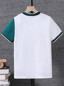 SHEIN 男童短袖復古校徽 Polo 襯衫，襯衫配有翻領，日常休閒服裝 - 墨綠色 - 查看 2