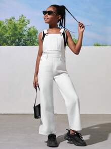 Tween Girl Basic Loose Fit College Style White Denim Overalls With Wide Legs And Elastic Back Waist - White - View 1