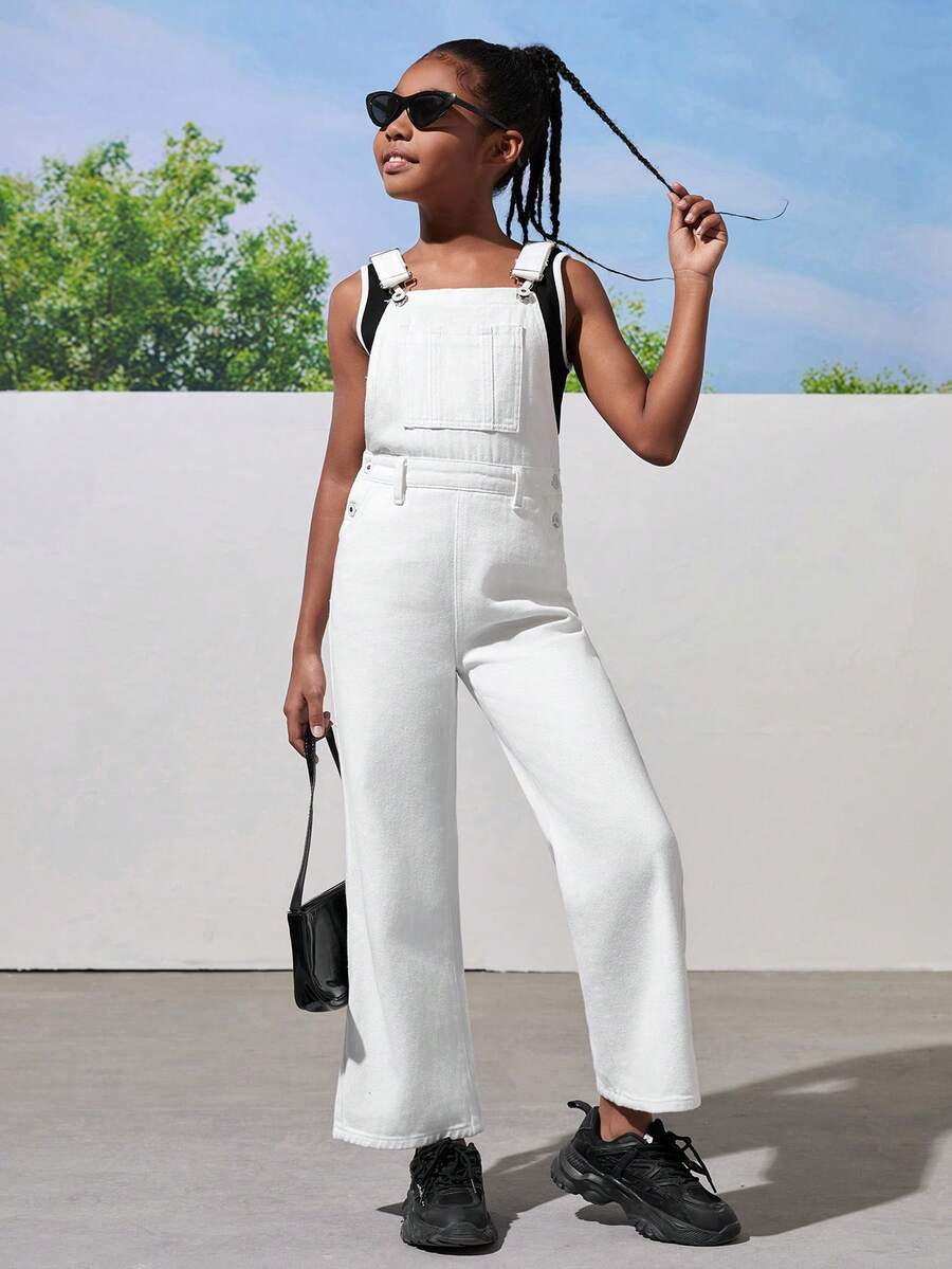 Tween Girl Basic Loose Fit College Style White Denim Overalls With Wide Legs And Elastic Back Waist - White - View 1