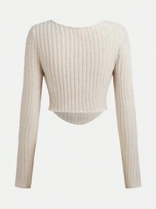 SHEIN Teenage Girl's Knitted Fleece Pullover With Rhinestone Decor And Square Neckline-long Sleeves - Beige - View 2