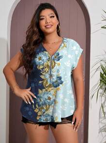 SHEIN LUNE 大尺碼花卉印花拼色半拉鍊襯衫 - 藍色 - 查看 5