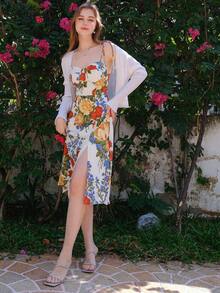 Flower Print Split Hem Spaghetti Strap Dress - White - View 4