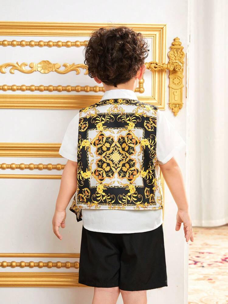 Young Boy's Matching Bow Tie Dress Shirt, Baroque Pattern Vest, Jacket And Shorts Gentlemen Outfits 3pcs/Set
