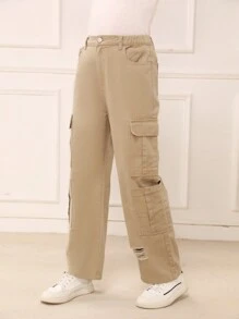 Teen Boy's Distressed Cargo Style Jeans With Patch Pockets - Apricot - View 4