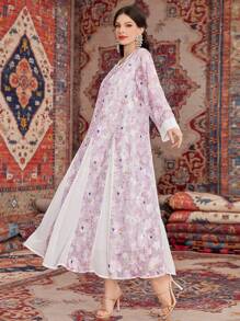 Al Najma V-Neck Long Sleeve Floral Print Dress - Multicolor - View 3