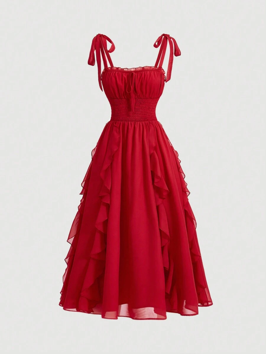 SHEIN MOD Plus Size Red Chiffon Cami Dress With Bowknot Strap, Pleated Ruffle Hem, Perfect For Summer Vacation,Birthday Dresses For Women,Corset Dress For Women - Red - View 1