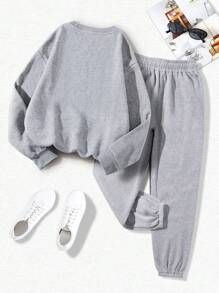 INAWLY 2 件套字母印花运动衫和慢跑裤套装，女士休闲抽绳，口袋腕长袖常规版型灰色落肩运动衫运动裤女士两件套服装，春季/秋季，休闲日常穿着