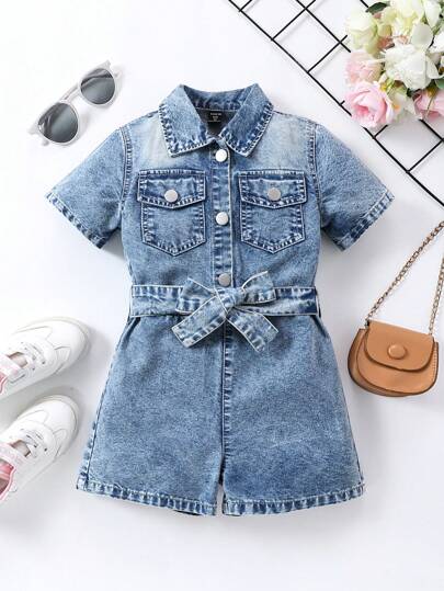 SHEIN Young Girls' Denim Romper With Shirt Collar And Short Sleeves Summer Holiday