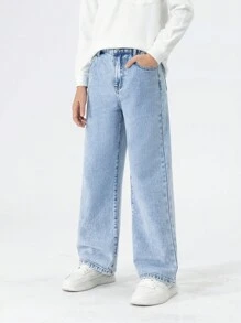 SHEIN Tween Boy New Casual & Fashionable Light Blue Washed Straight Jeans Chic Outfits For Autumn/Winter