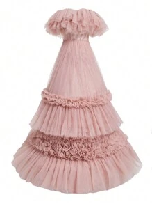 SHEIN Belle Off Shoulder Layered Mesh Ruffle Cake Dress For Women's Formal Evening Dress - Pink - View 2