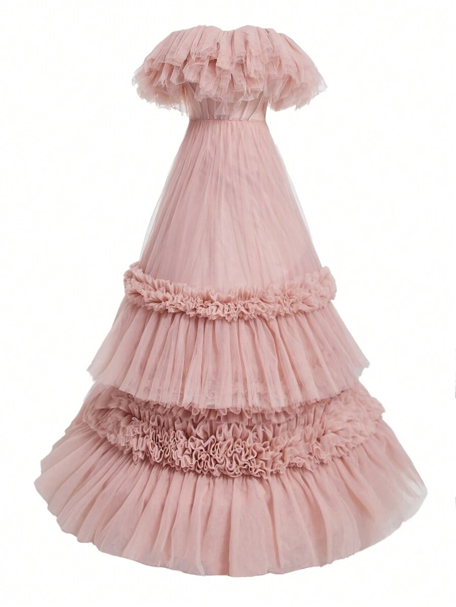 SHEIN Belle Off Shoulder Layered Mesh Ruffle Cake Dress For Women's Formal Evening Dress