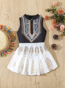 SHEIN Baby Girl Spring/Summer Floral Print Stand Collar Sleeveless Top And Skirt Set