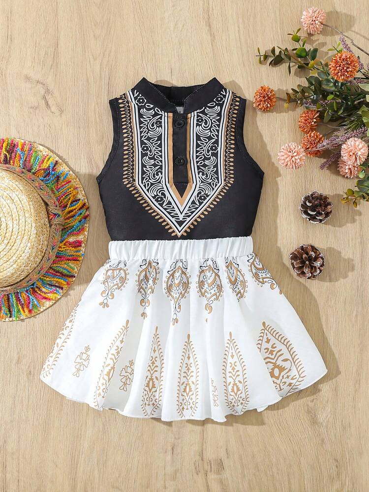 Baby Girl Spring/Summer Floral Print Stand Collar Sleeveless Top And Skirt Set