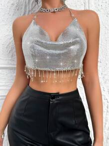Allurite Top Con Cuello Halter De Flecos Y Cadena De Diamantes De Imitación Para Mujer Con Espalda Descubierta - Plateado - Ver 1