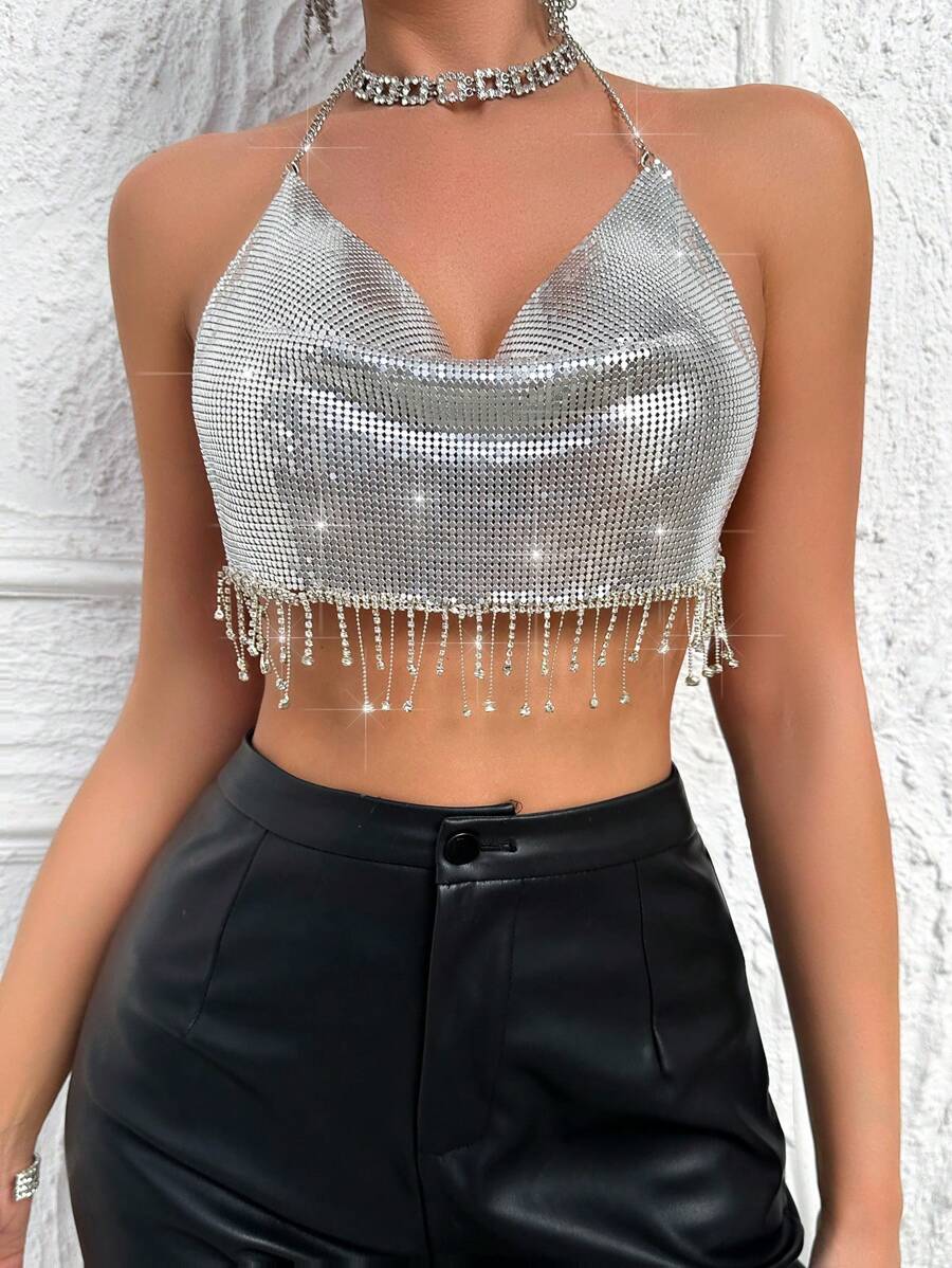 Allurite Top Con Cuello Halter De Flecos Y Cadena De Diamantes De Imitación Para Mujer Con Espalda Descubierta - Plateado - Ver 1