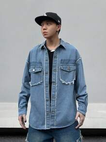 Manfinity EMRG Men's Frayed Edges Long Sleeve Denim Shirt