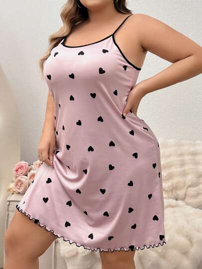 Plus Size Heart Printed Cami Sleep Dress Pajama Dress