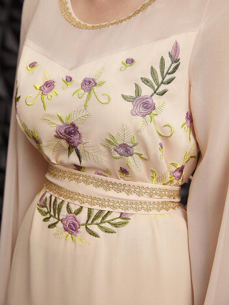 Women's Floral Embroidery & Weave Trim Patchwork Bell Sleeve Dress Long Evening Dresses Fall Cloth For Women