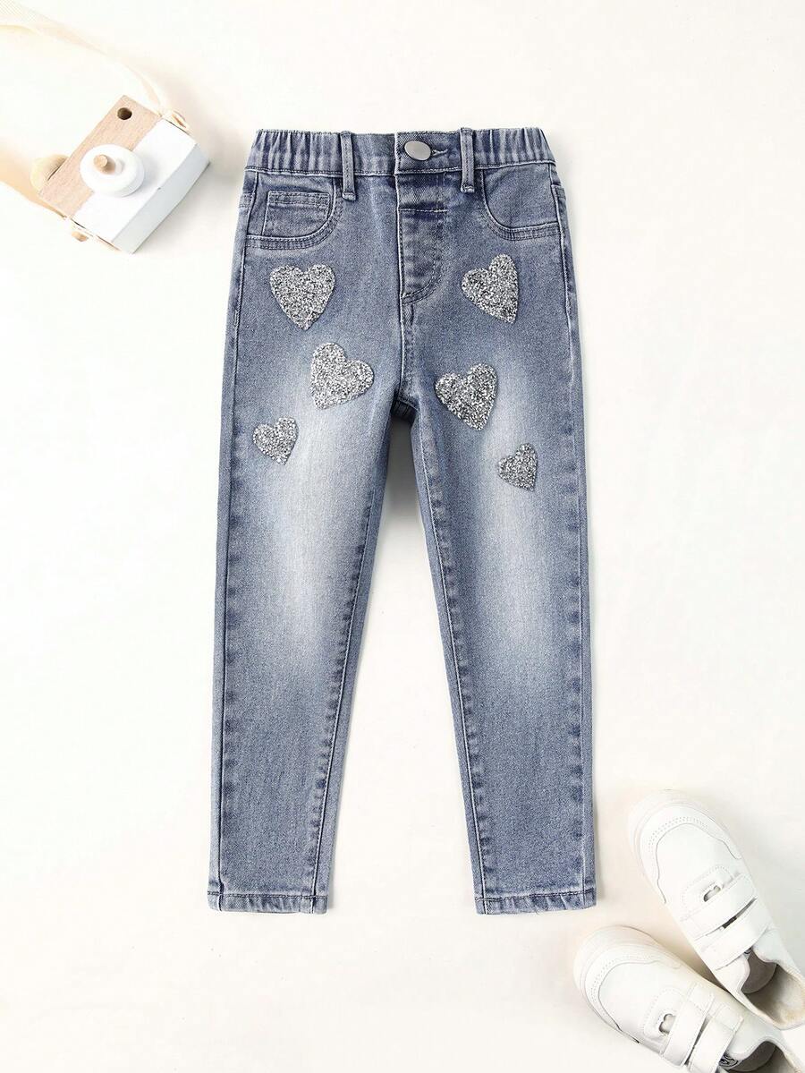 Trẻ Cô gái Frayed + Ngựa Thủ công + Pha lê Đồ trang trí Quần jean - Rửa trung bình - Xem 1