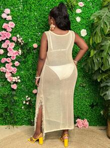Slaydiva Plus Size Women's Sleeveless Sweater Dress With Fringed Hem - Apricot - View 2
