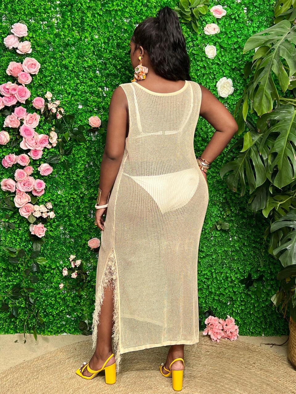 Plus Size Women's Sleeveless Sweater Dress With Fringed Hem