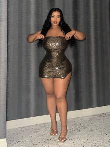 Slaydiva Slayr 大码女式优雅性感修身亮片中长吊带裙，带侧开衩，适合音乐节、派对、庆典 - 金色 - 查看 2