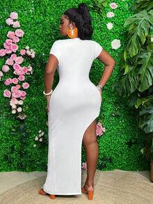 Slaydiva 大尺寸純色短袖開叉下擺連身裙 - 白色 - 查看 4