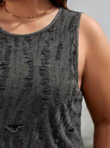 SHEIN LUNE Plus Size Round Neck Ripped Sleeveless Top - Black - View 3