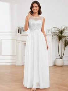 Women's White Round Neckline Colorblock Sequin Back Zipper Wedding Dress - White - View 1