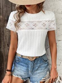 SHEIN Frenchy Chèn Lace Ngắn tay Áo thun - trắng - Xem 7