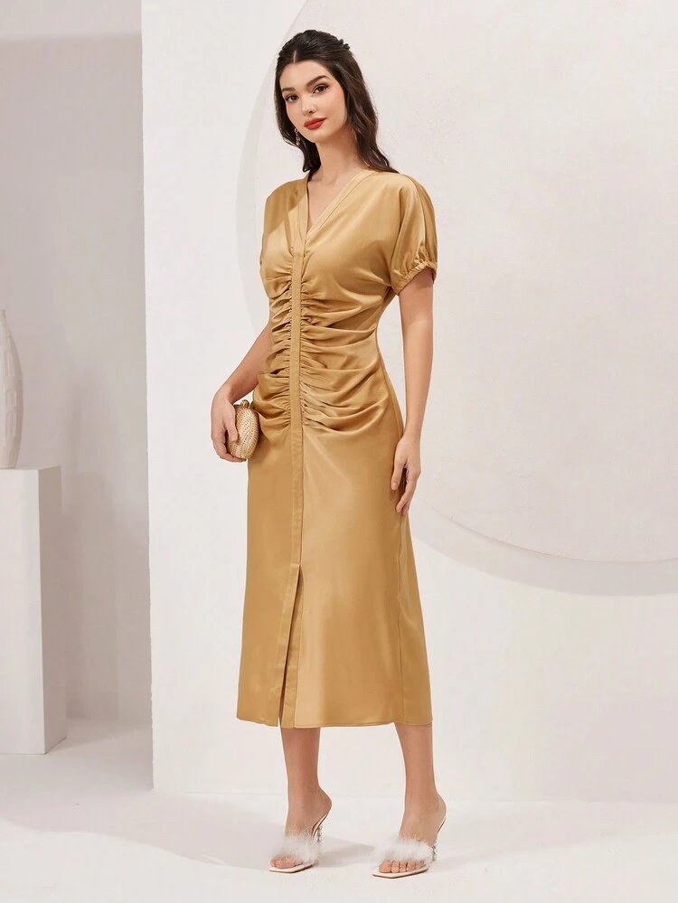 Women's Batwing Sleeve Pleated Dress Long Evening Dresses