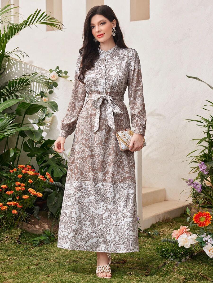 Al Najma 全印花長袖腰帶襯衫裙 - 咖啡棕 - 查看 1