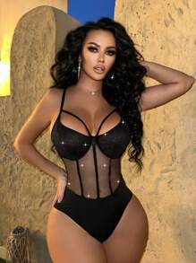 Zolique Sparkly Large Mesh Perspective Patchwork Bodysuit - Black - View 1