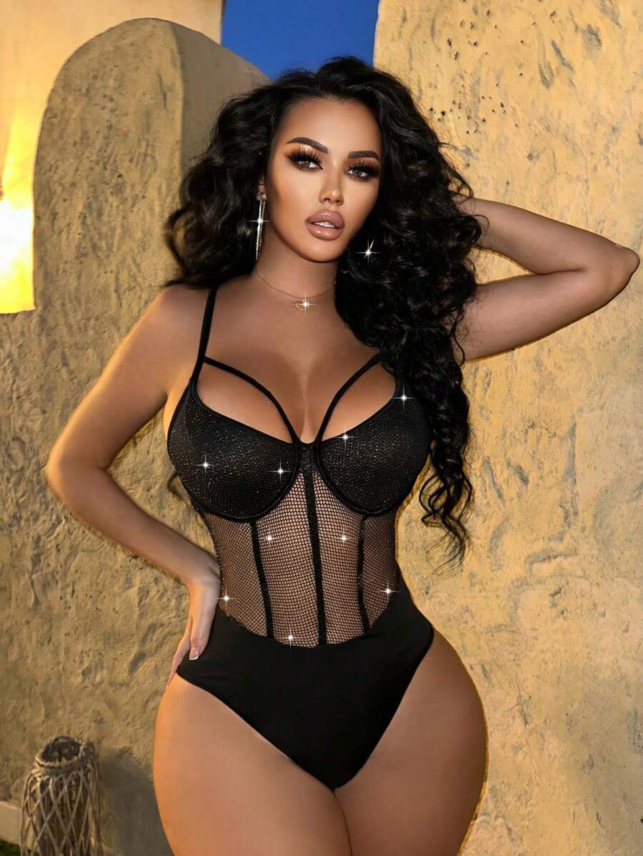 Zolique Sparkly Large Mesh Perspective Patchwork Bodysuit - Black - View 1