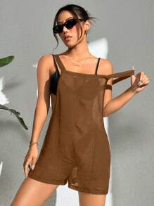 SHEIN Swim 女性純色無袖遮陽服連體褲 - 卡其色 - 查看 5